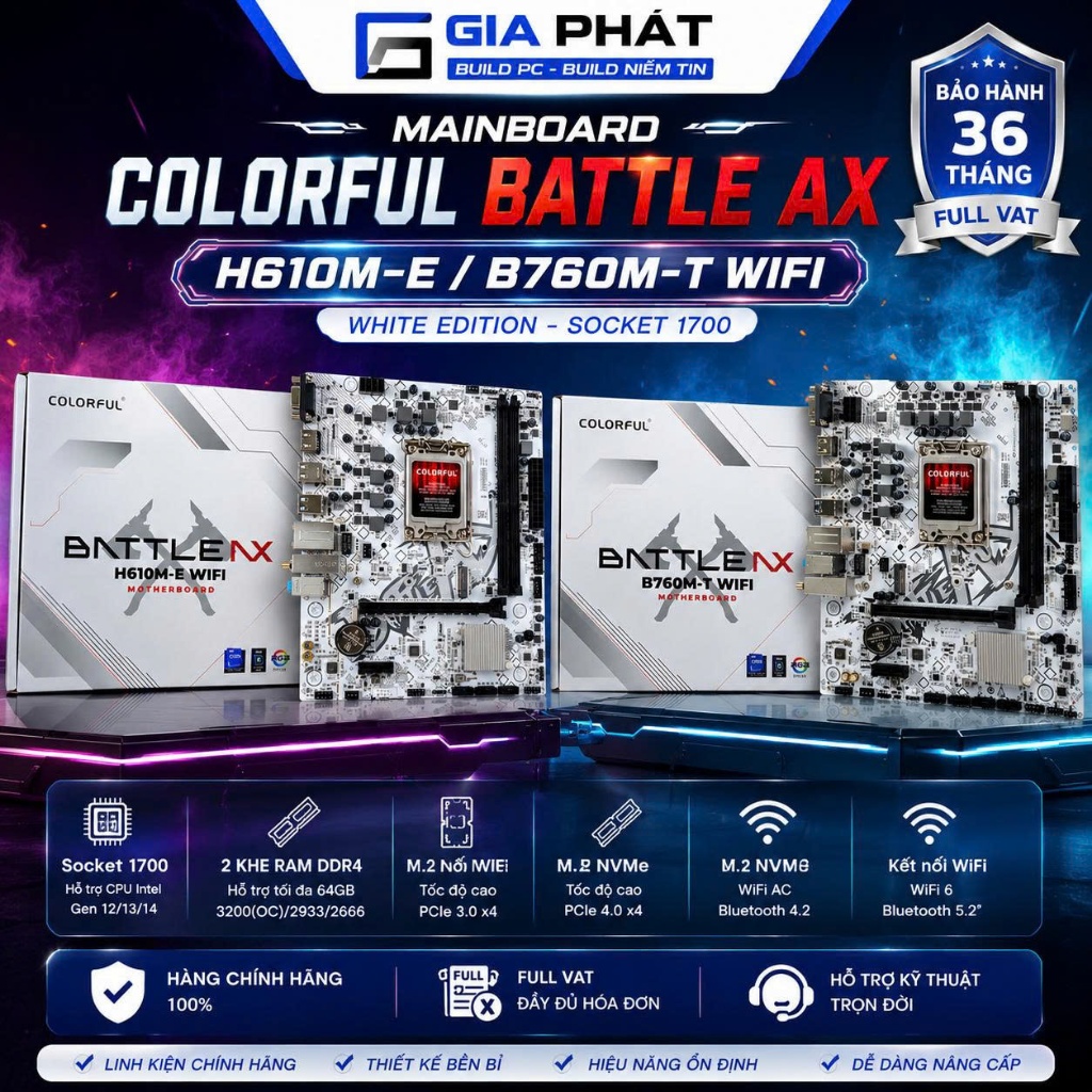 Main H610 B760 Wifi Colorful Battle AX new chính hãng Full Vat, Mainboard H610M-E B760M-T 1700 White