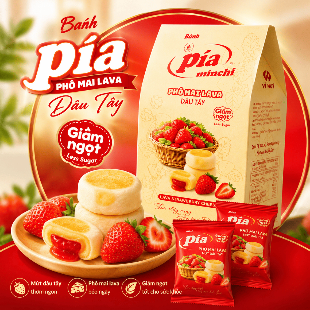 Hộp Bánh Pía Phô Mai Lava Dâu Tây Vĩ Huy 344G (4 Cái) - Đặc Sản Sóc Trăng