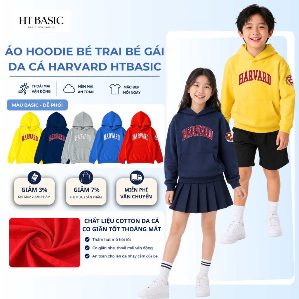 Áo tay dài hoodie bé trai, bé gái HTKIDS chất da cá cotton 4 chiều in chữ logo Harvard cho bé từ 4-1