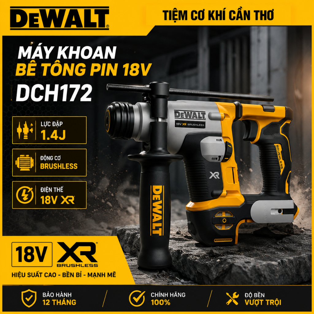 Máy Khoan Bê Tông Pin 18V/20V DEWALT DCH172N-KR Không Chổi Than SDS Plus 3 Chức Năng Chính Hãng