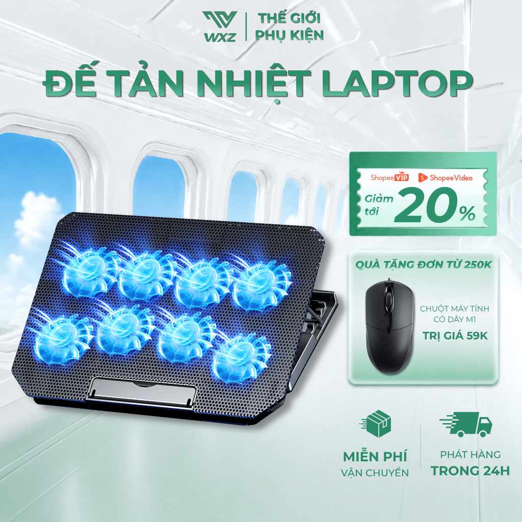 Đế Tản Nhiệt Laptop Q100 8 Quạt, Điều Chỉnh 4 Cấp Độ Cao, Không Tiếng Ồn, Giá Đỡ Laptop Tản Nhiệt