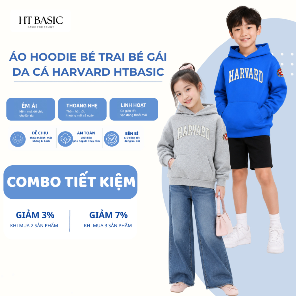 Áo tay dài hoodie bé trai, bé gái H&T chất da cá cotton 4 chiều in chữ logo Harvard cho bé từ 4-12 t