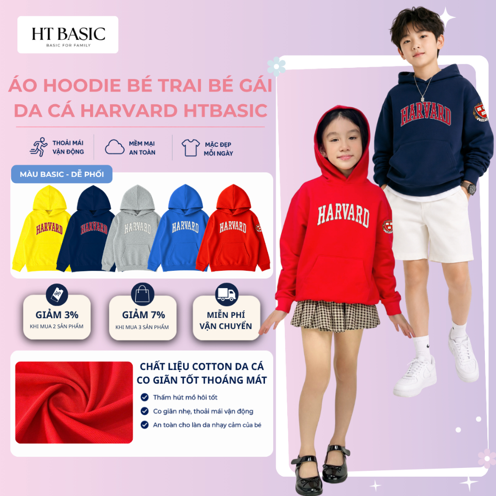 Áo tay dài hoodie bé trai, bé gái H&T chất da cá cotton 4 chiều in chữ logo Harvard cho bé từ 4-12 t