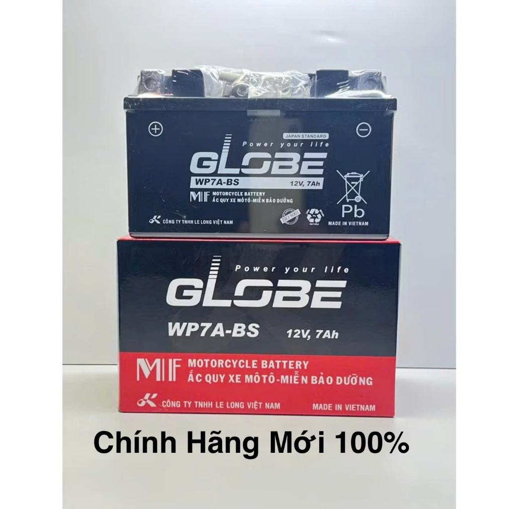 Bình ắc quy khô GLOBE WP7A-BS 12V-7AH ắc quy lùn thấp dành cho xe máy Atila, Spacy ,Vespa, Zip, Môtô