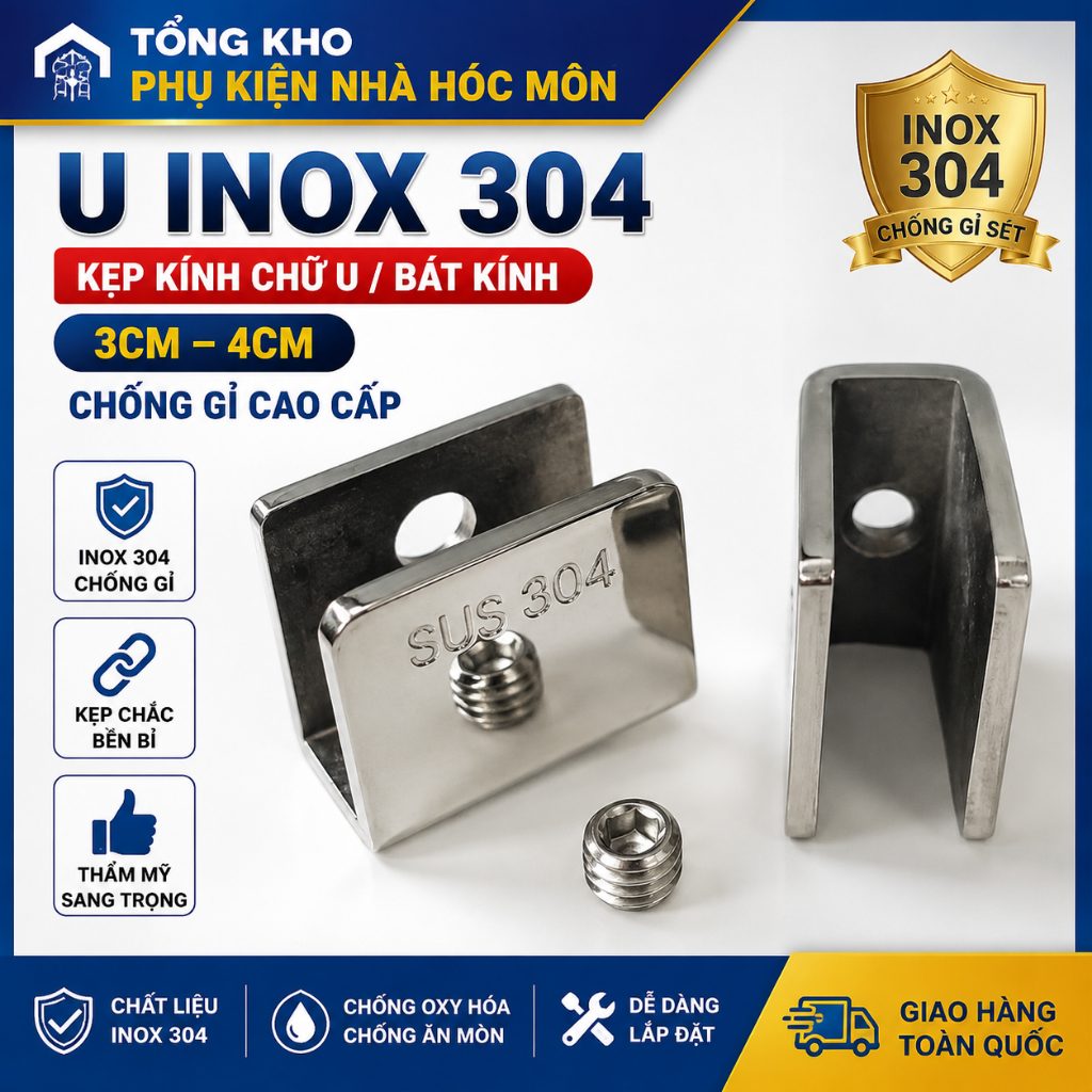 U Inox 304 – Kẹp Kính Chữ U / Bát Kính 3cm – 4cm – Chống Gỉ Cao Cấp