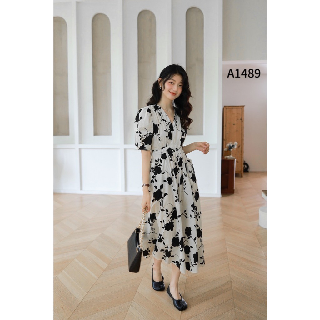 Đầm hoa midi cổ tim - chun eo 2 màu A1489