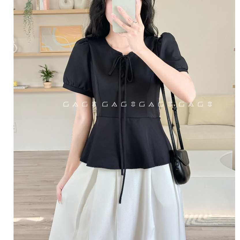 [CẮT MÃ] Áo Kiểu GAGO Brand Màu Kem Đen Thắt Dây Điệu Đà Vải Premium Bigsize V1 đến 96cm Dễ Phối Đồ 