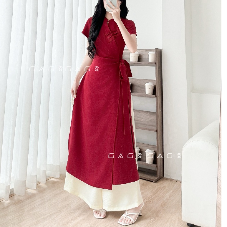 SET Áo Dài Kèm Quần Thắt Nơ 1 Bên GAGO Brand Vải Đũi Vân May Nữ Tính Bigsize Tri Ân Thầy Cô 20/11 Dạ