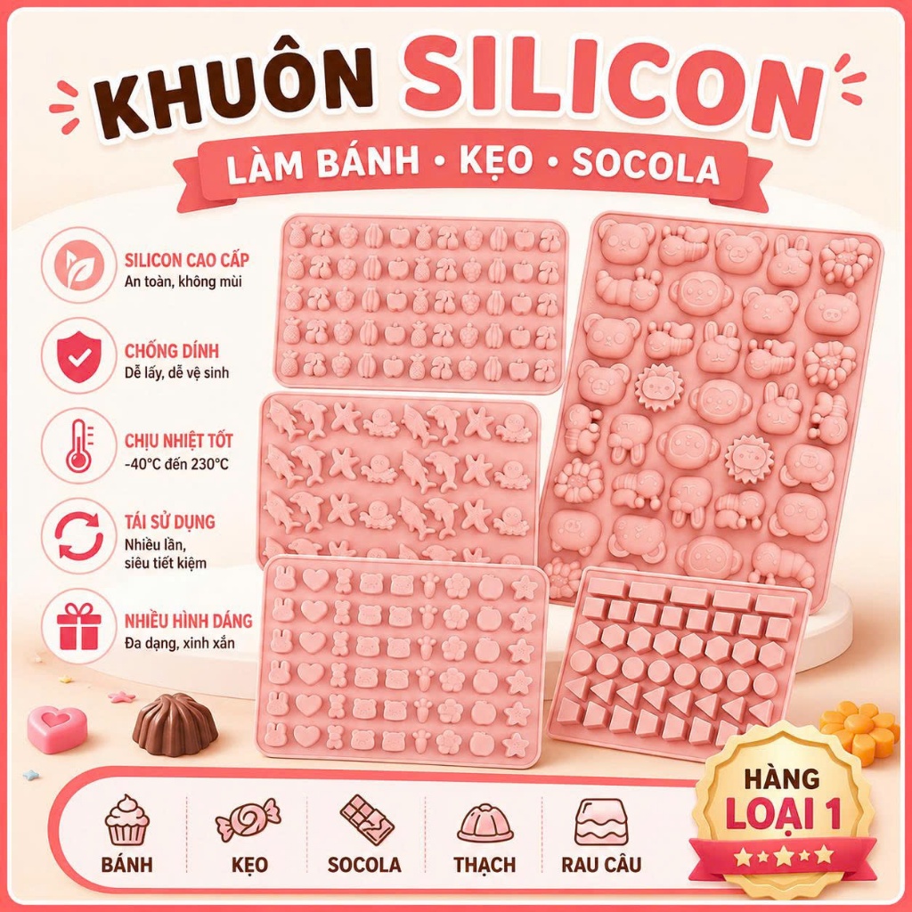 Khuôn hoạt hình Silicone chống dính Làm Kẹo Dẻo Chip Chip Jely, Socola, Thạch Rau Câu, Pudding, Bánh Cookie Nhiều Hình