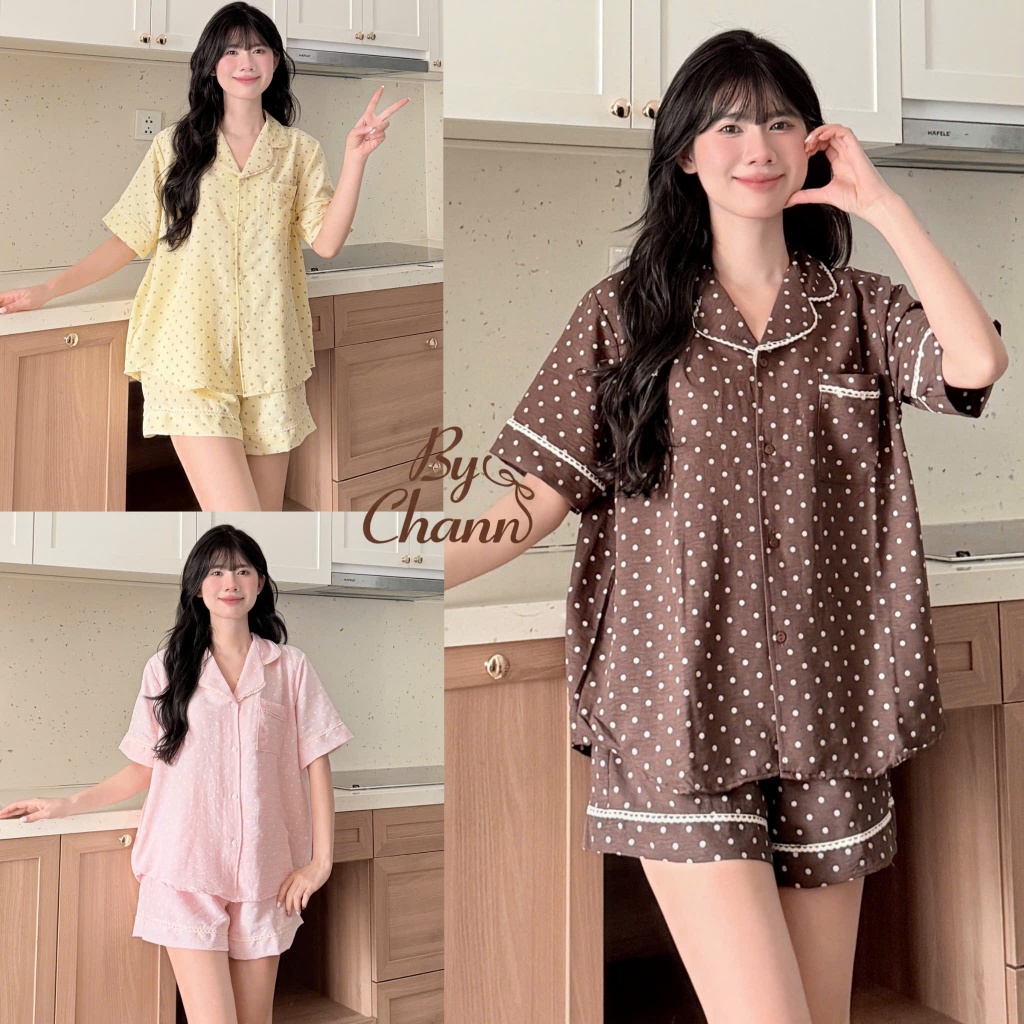 Bộ Đồ Ngủ Pyjamas BY CHANN (BN25) chất liệu đũi mềm họa tiết chấm bi áo cộc quần cộc có bigsize 80kg