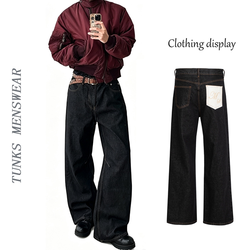 TUNKS Quần Jean Nam Baggy Không Nhăn -  Chất Denim Cao Cấp | Thiết Kế Thêu Chữ Phong Cách Minimalist