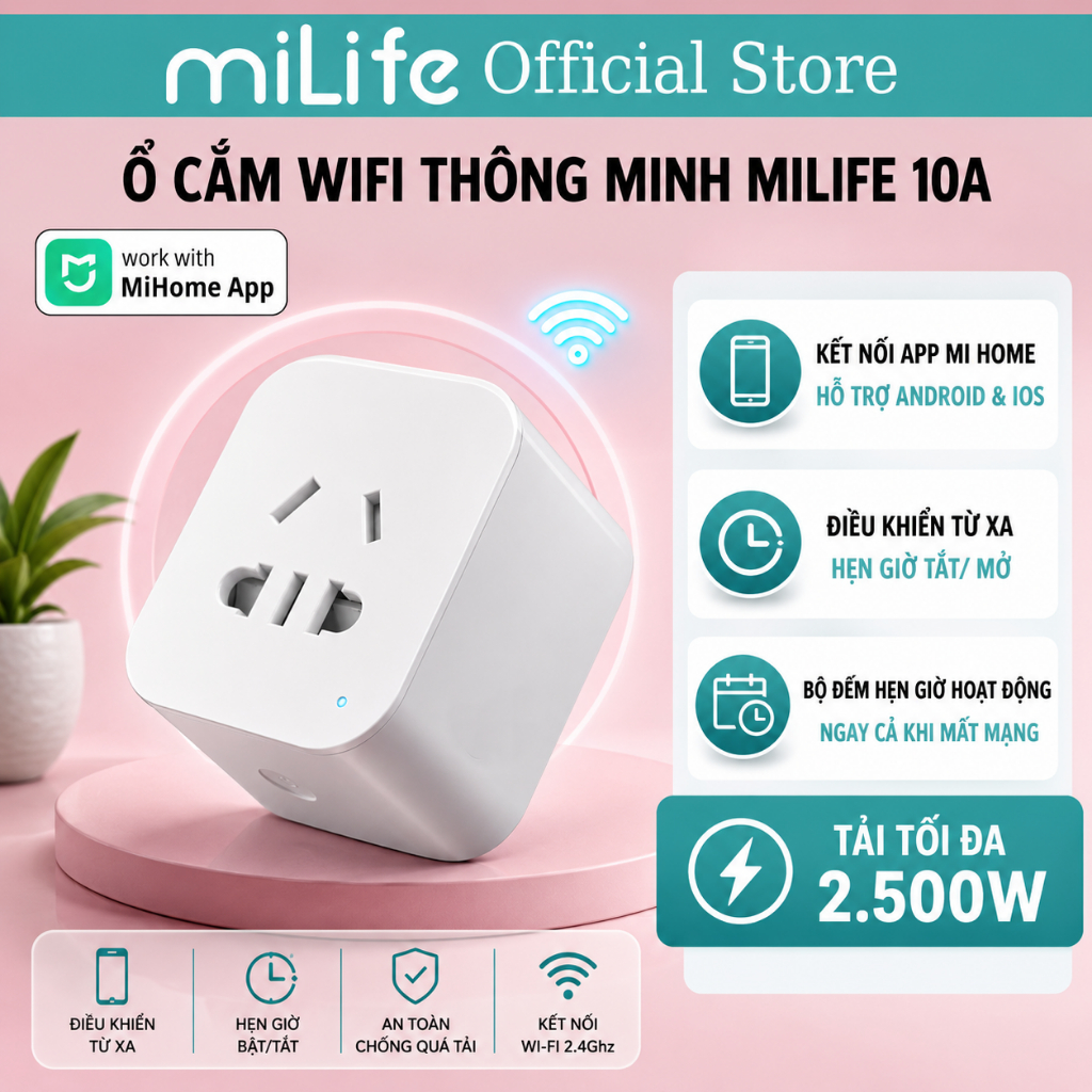 Ổ điện wifi thông minh miLife mihome app, chịu tải 2500w