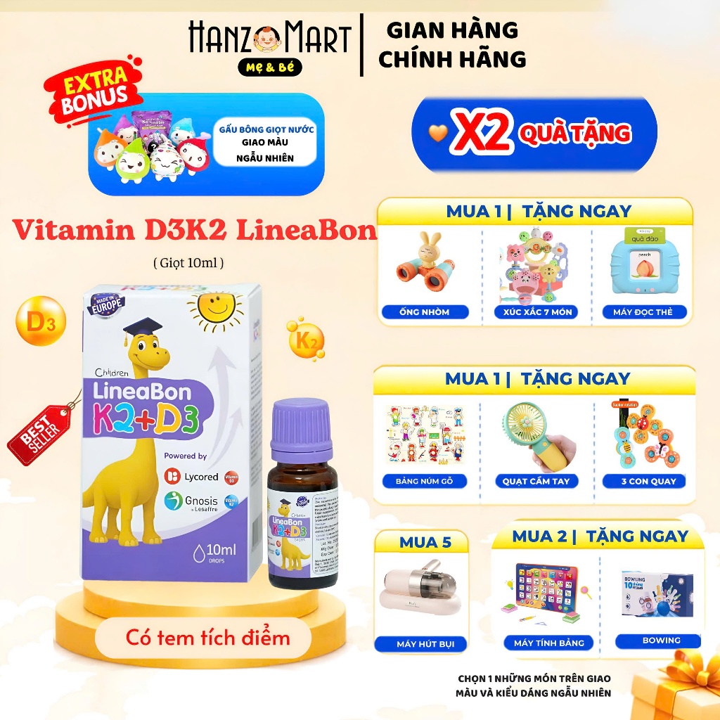 D3 K2 Lineabon bổ sung Vitamin D3 cho trẻ sơ sinh, giúp hấp thụ D3K2 Canxi, giảm còi xương, lọ 10ml