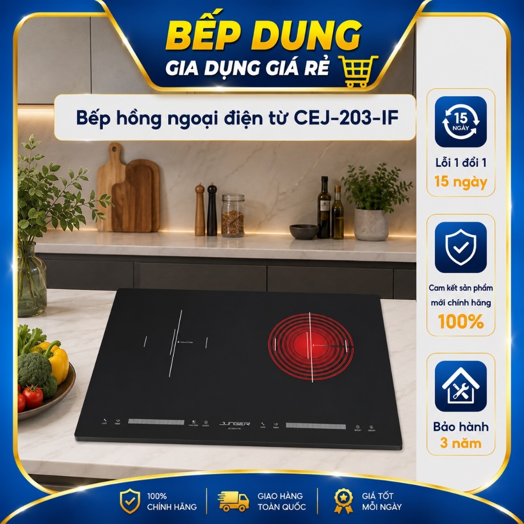 Bếp Điện Từ Hồng Ngoại Junger CEJ 203 IF Công Suất 4200W Bếp Đôi Hai Vùng Nấu Bảo Hành 36 Tháng