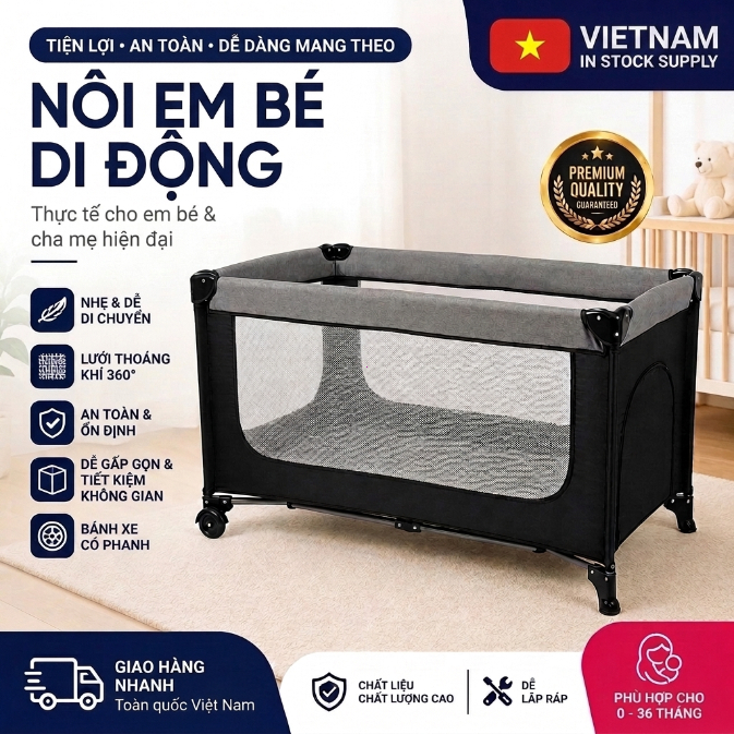 [Cổ phiếu sẵn sàng] Katil Bayi Portable Foldable Baby Cot Playpen Travel Crib Bed 360 Mesh Wheel Bre