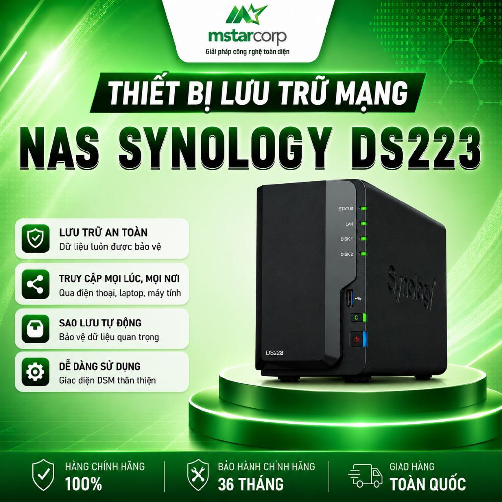 Thiết bị lưu trữ mạng NAS Synology DS223 - 2 khay bảo hành chính hãng - Mstar Corp