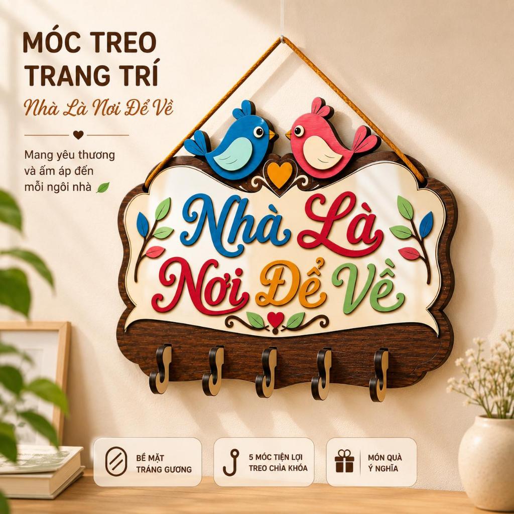 Móc Treo Chìa Khóa Tiện Lợi [Nhà Là Nơi Để Về] - Phụ Kiện Gỗ Treo Đồ Tường…