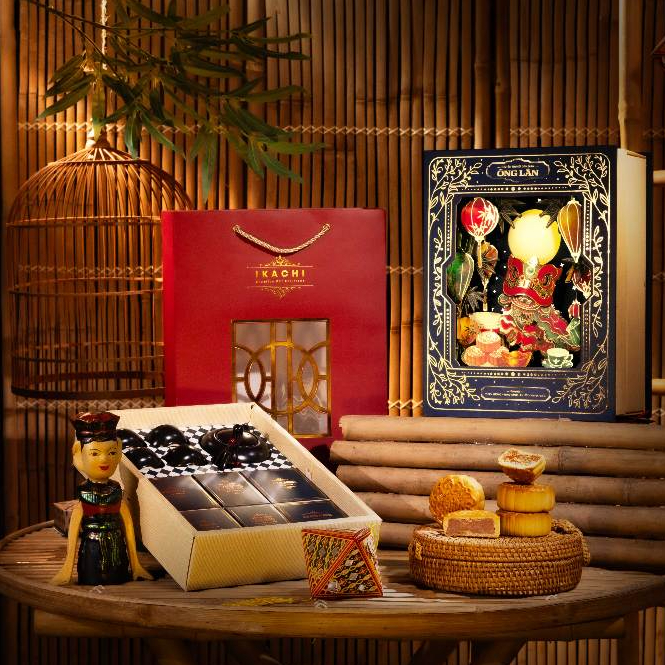 Hộp Bánh Trung Thu Xanh IKACHI- Hộp Quà Truyền Thuyết Lân/Thỏ Ngọc lớn - Set 4 bánh, túi trà kèm bộ 