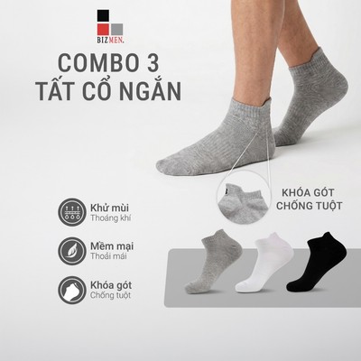 Combo 3 tất nam cổ ngắn Heel Tab khóa gót chống tuột Bizmen mix màu BSC010EDP03