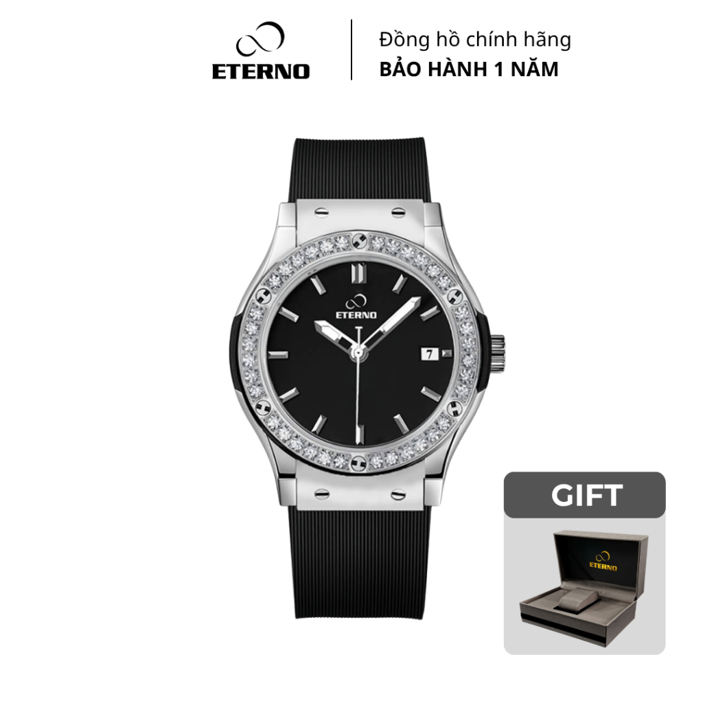 Đồng Hồ Nữ - Thương Hiệu ETERNO E24-0050 dây cao su non cao cấp - viền đính full đá sang trọng