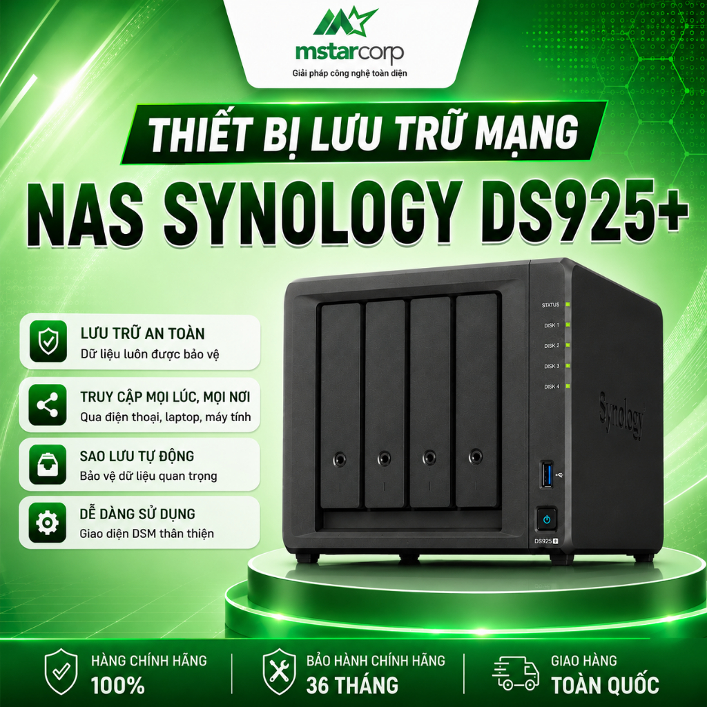 Thiết bị lưu trữ mạng NAS Synology DS925+ 4bay bảo hành chính hãng - Mstar Corp