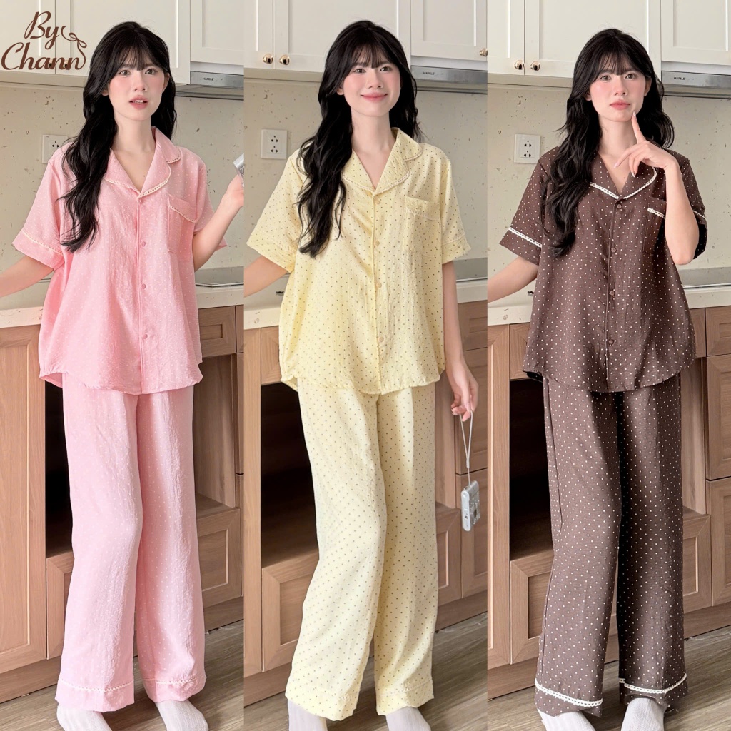 Bộ Đồ Ngủ Pyjamas BY CHANN (CD03) chất liệu đũi mềm họa tiết chấm bi áo cộc quần dài có bigsize 80kg