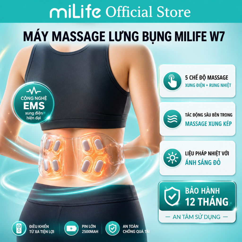 Máy Massage Lưng Bụng miLife W7 – 8 Đầu Massage | Xung Điện EMS | Remote Điều Khiển | Pin 2500mAh