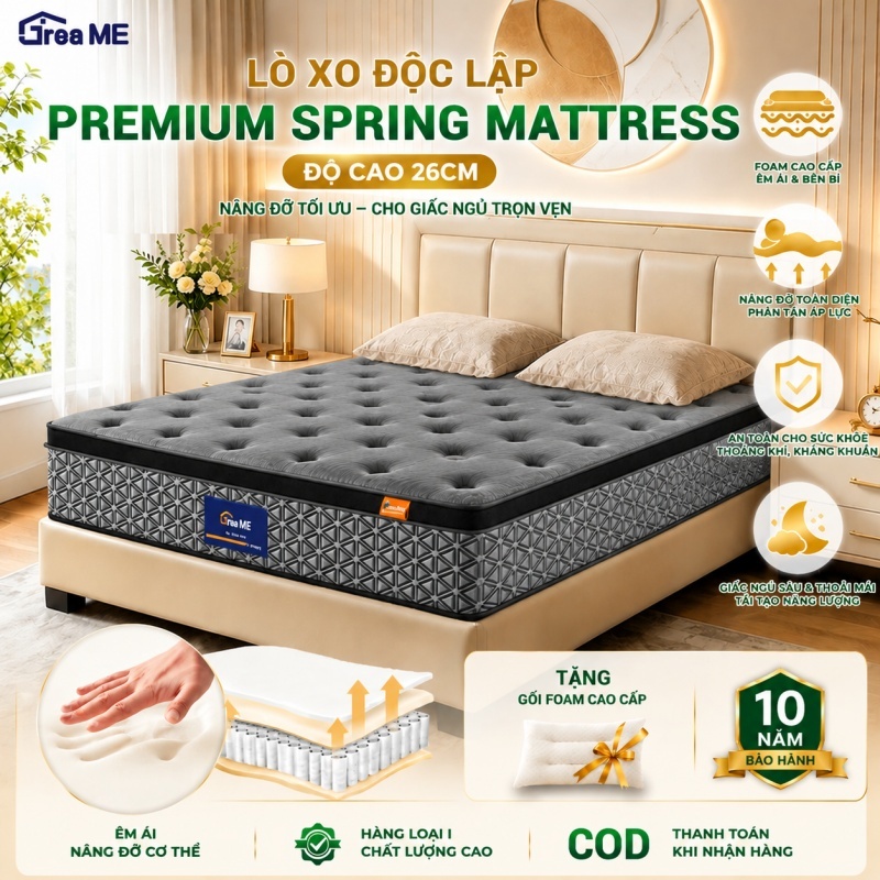 KADE Nệm Hybrid Latex 100% Đệm Foam Cao Su Non Thiên Nhiên Và Lò Xo Túi KADE Home Goods Mattress