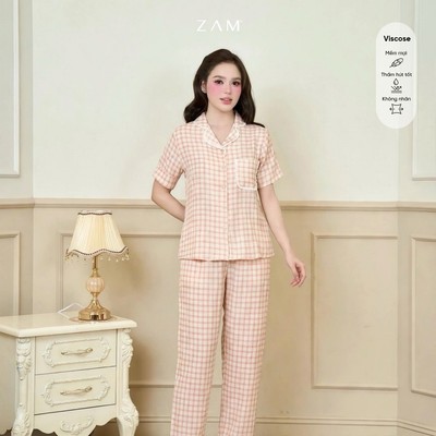 Bộ mặc nhà ZAM Áo ngắn tay Quần dài phối ren Chất Viscose mềm mại, thấm hút mồ hôi. TCLKR