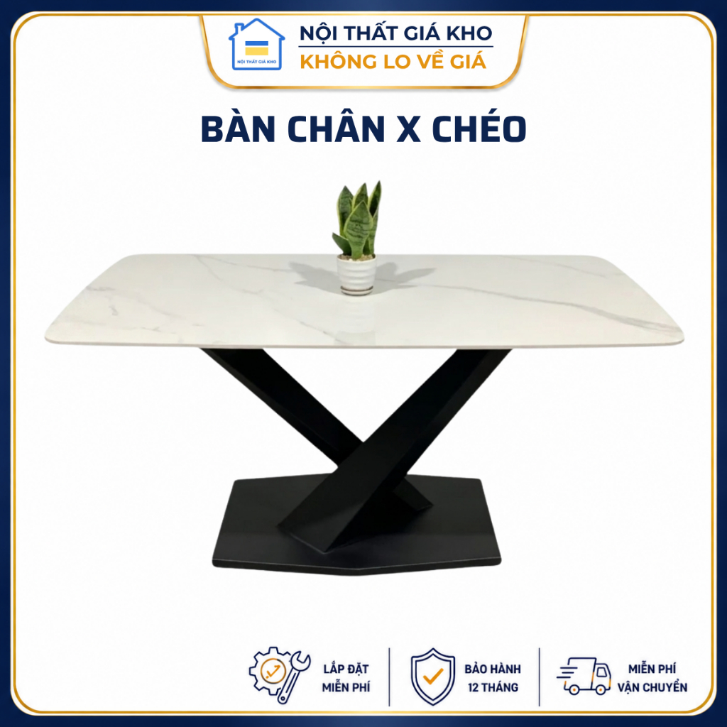 Bàn ăn mặt đá ceramic bóng chân X - Bàn ăn 1m4, 1m6, 1m8 cho 4 người 6 người 8 người
