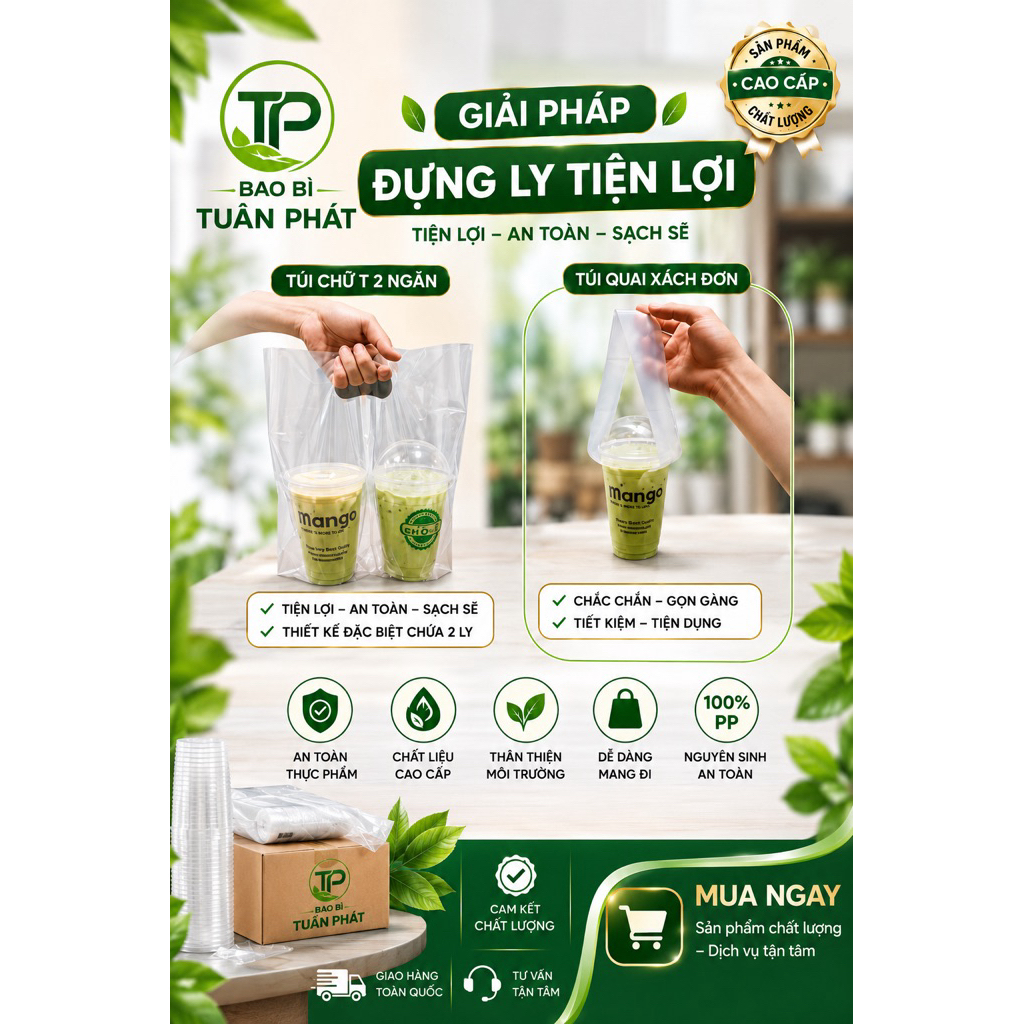 {1KG} Túi Đựng Ly Trà Sữa Cà Phê Nước Ép Túi Chữ T, Túi 1 Ly, Túi 2 Ly Có Vách Ngăn Dùng Một Lần