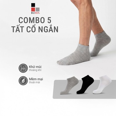 Combo 5 Tất Nam Cổ Ngắn Bizmen Vớ Sneaker Cotton Thấm Hút Bo Chun Mềm Giảm Hôi Chân BSC011EDP05