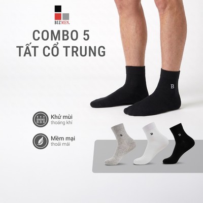 Set 5 Tất Đi Giày Tây Bizmen Cổ Trung Co Giãn 4 Chiều Chống Trơn Tuột Không Bai Dão BSC013EDP05