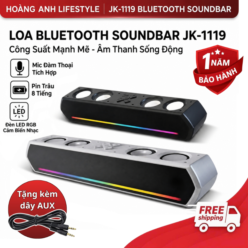 Loa bluetooth soundbar JK-1119 công suất mạnh mẽ âm thanh sống động, loa máy tính bluetooth có đèn L