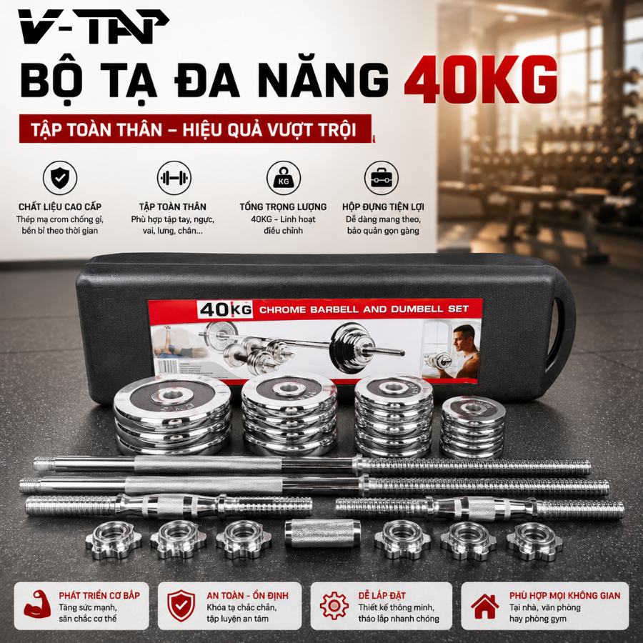 Bộ Tạ Tập Gym Tại Nhà 40KG Chất Liệu Gang Mạ Niken Điều Chỉnh Đa Năng Tay Cầm Quả Táo (Kèm Hộp Đựng)