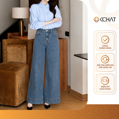 Quần Jean Nữ 𝐂𝐂𝐇𝐀𝐓 Dáng Suông Kelis Cạp Cao Bo Viền Gấu Chất Liệu Jeans Cao Cấp 26GDJ9010ST