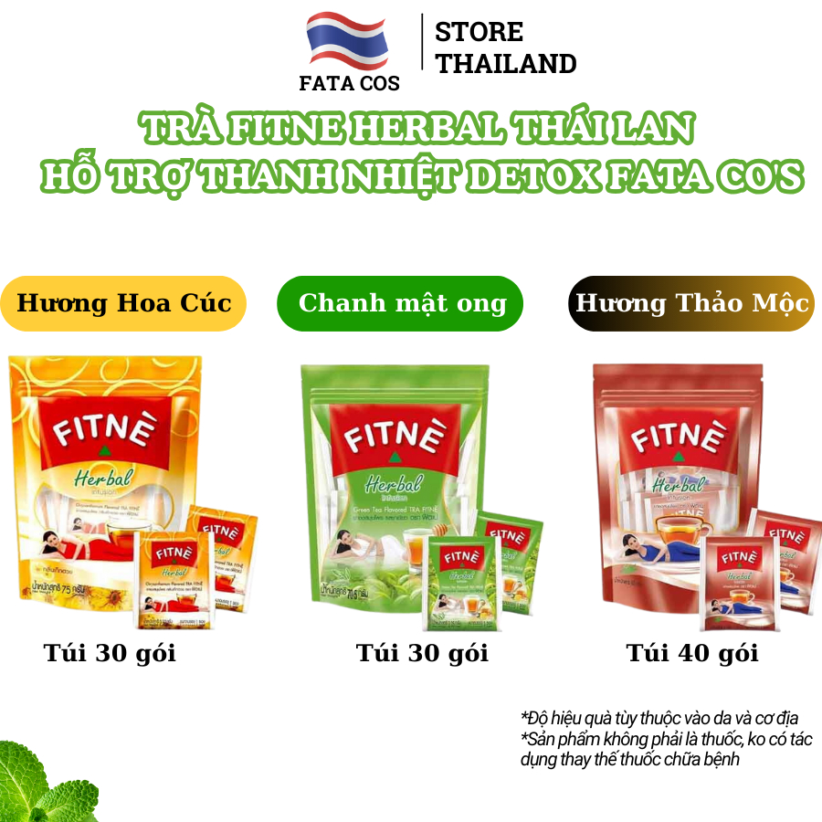 Trà Fitne Thái Lan, [SVIP] trà Fitne hương thảo mộc, vị trà xanh, vị hoa cúc 30 túi, 40 túi lọc Fata