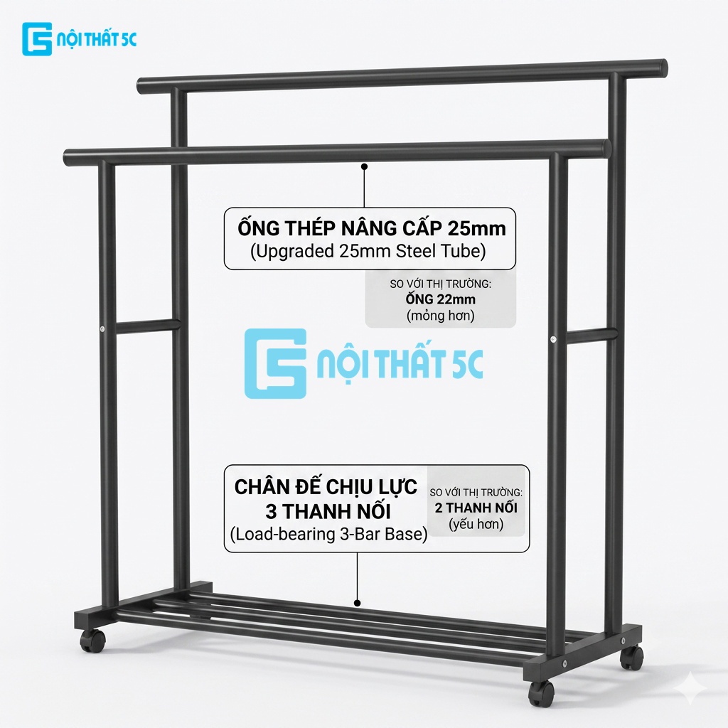 Giá treo quần áo, kệ quần áo 1 tầng, 2 tầng khung sắt sơn tĩnh điện chắc chắn tích hợp kệ để giày tiện lợi [Nội thất 5C]