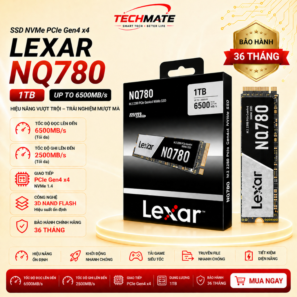 Ổ cứng SSD NVME 1TB Lexar NQ780 M.2 PCIe Gen4 x4 up to 6500MB/s read, 2500MB/s write - BH 36 tháng