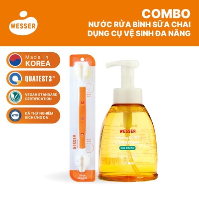 Combo nước rửa bình sữa chai + Dụng cụ vệ sinh bình sữa đa năng Wesser