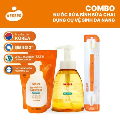 Bộ Nước rửa bình sữa + Dụng cụ vệ sinh bình sữa đa năng Wesser (Nhập khẩu Hàn Quốc)