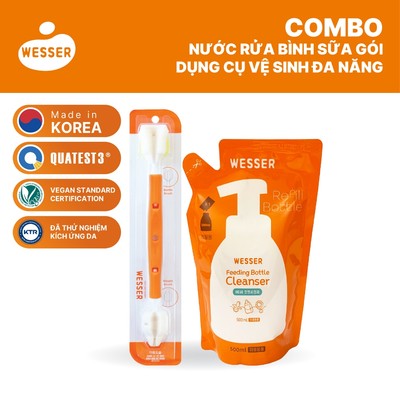 Bộ nước rửa bình sữa gói + Dụng cụ vệ sinh bình sữa đa năng Wesser (Nhập khẩu Hàn Quốc)