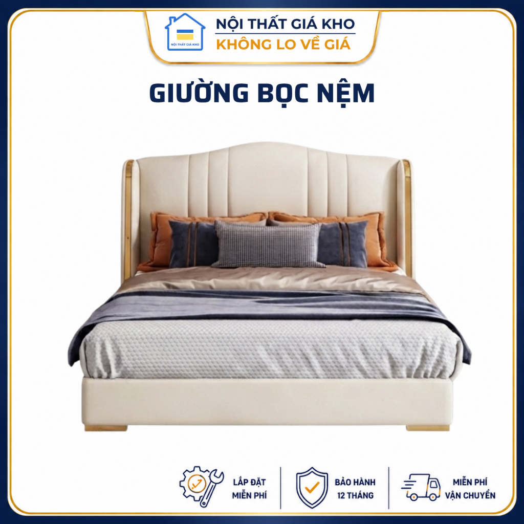 Giường bọc nệm hiện đại GHN02 - giường ngủ bọc da cao cấp 1m6, 1m8x2m