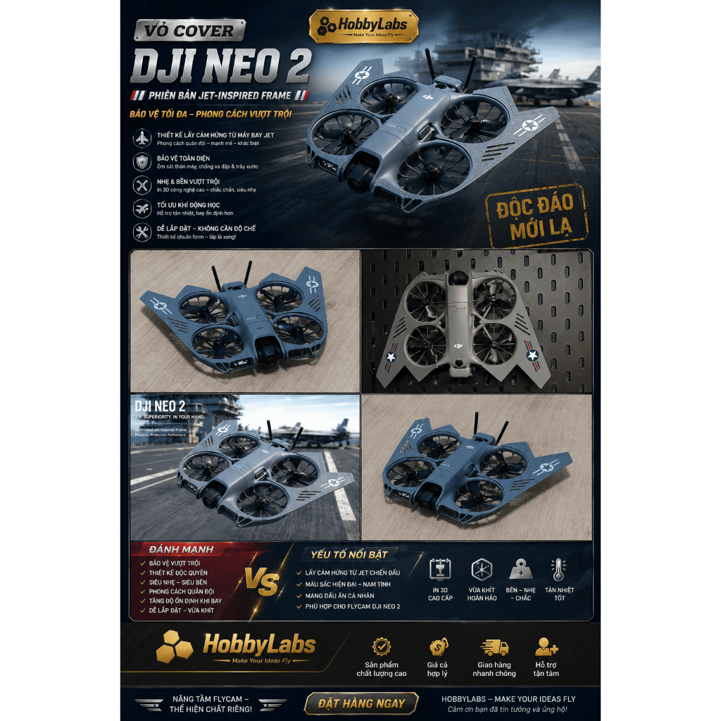 Vỏ Cover DJI Neo 2 Jet Fighter Style | Khung Bảo Vệ 3D Printed Độc Đáo | Phụ Kiện Flycam DJI Neo - H