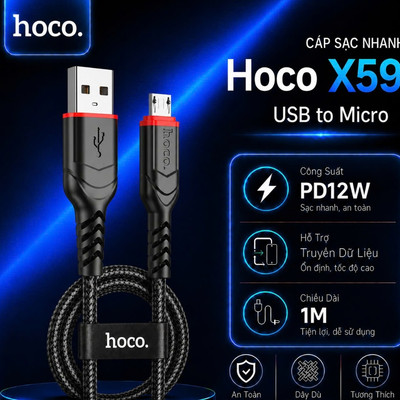 Cáp sạc nhanh USB to Micro PD12W Hoco X59 đầu sạc chống gẫy gập, đầu sạc chống gẫy gập, dài 100cm