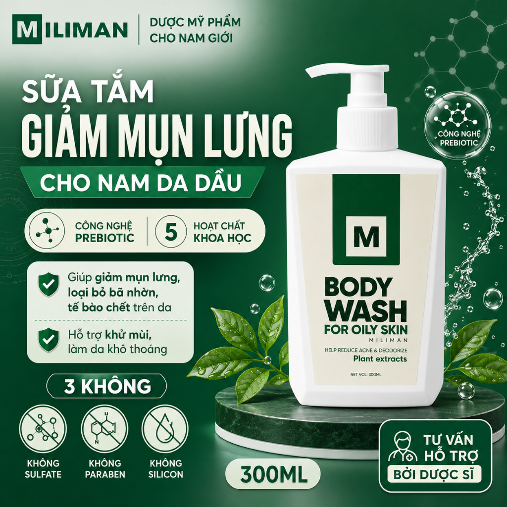 Sữa Tắm Giảm Mụn Lưng Cho Nam Da Dầu MILIMAN 300ML - Chuyên Biệt Cho Nam Da Dầu