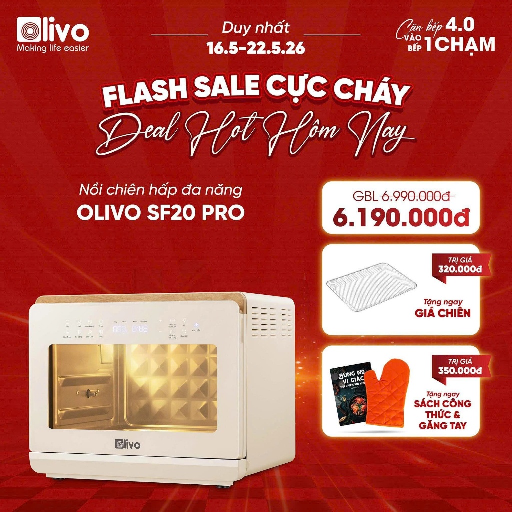Nồi Chiên Hấp OLIVO SF20 PRO - Dung tích 20L - Nồi Chiên Hơi Nước 70 Chế Độ