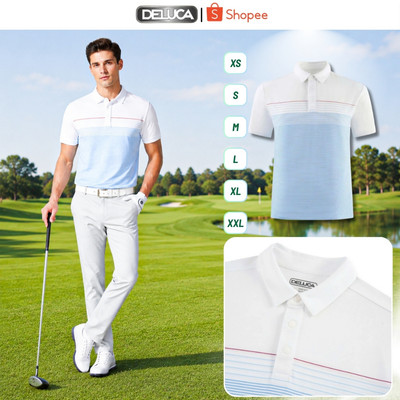 Áo Polo Golf Nam Deluca HM55 Họa Tiết Kẻ Sọc Ngang Trắng Xanh – Áo Polo Thể Thao Co Giãn, Cúc Bấm Chính Hãng
