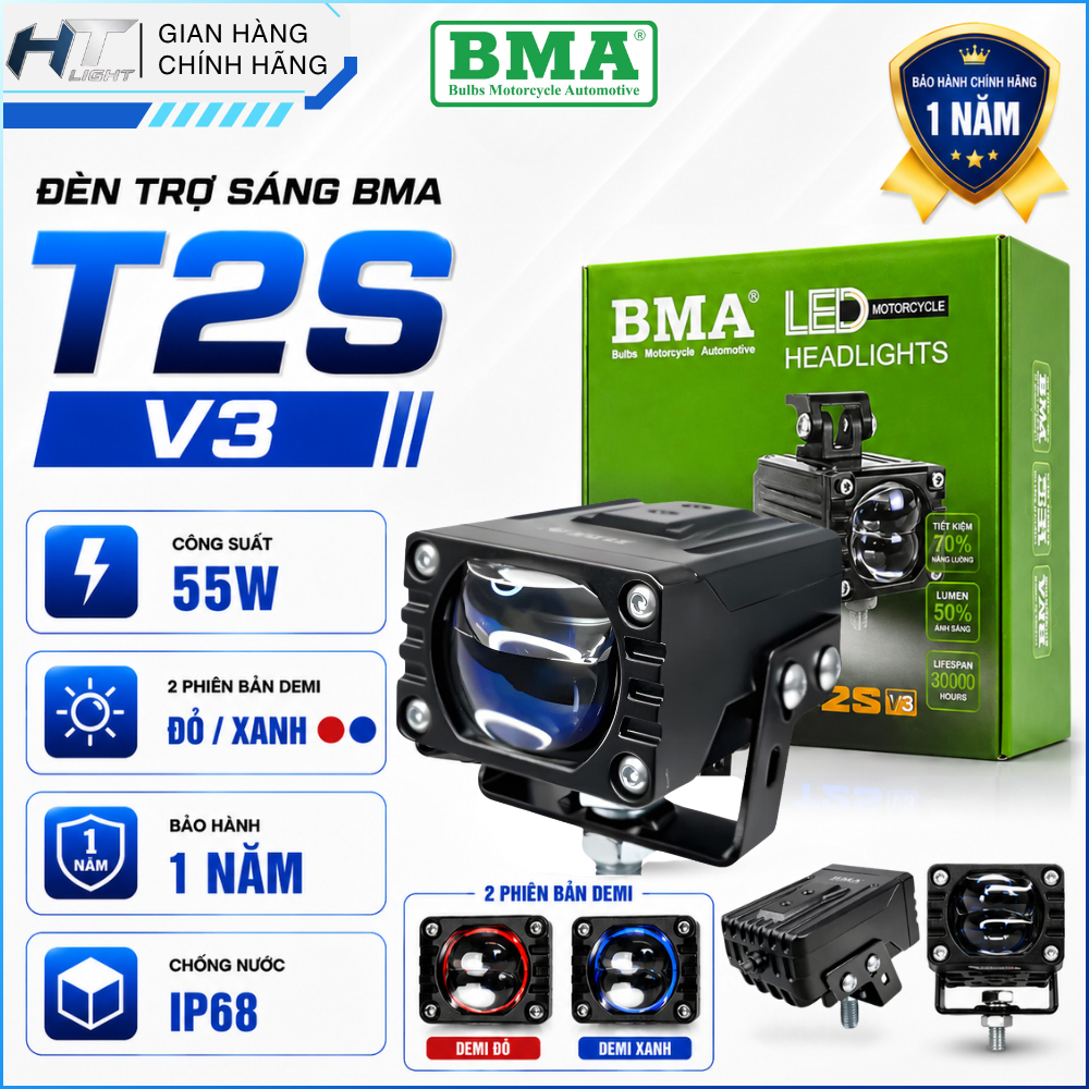 Đèn Trợ Sáng BMA T2S V3 New 2026 Chinh Hãng - Công Suất 55W Tích Hợp Demi, Cos Trắng Pha Vàng
