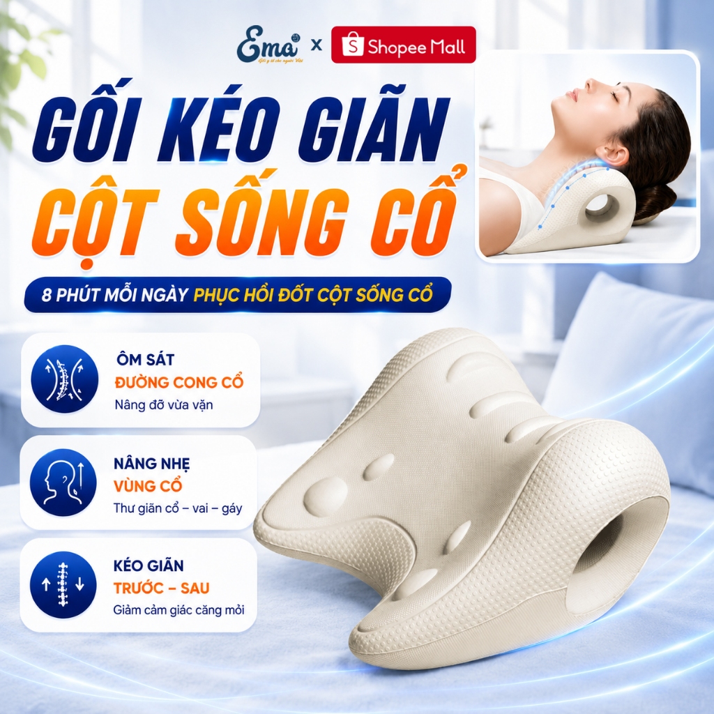 Gối Nằm Kéo Giãn Cột Sống Cổ EMA - Giảm Đau Mỏi Cổ Vai 8 Phút Mỗi Ngày Phục Hồi Đường Cong Sinh Lý
